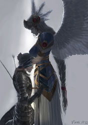Rule 34 | 1boy, 1girl, armor, armored dress, arrow (projectile), belt, blood, blue armor, blue hair, braid, brown hair, closed eyes, dark, dated, dying, expressionless, feathers, gauntlets, helmet, hidden eyes, highres, injury, lenneth valkyrie, long hair, lucian (valkyrie profile), painting (medium), pauldrons, shield, shoulder armor, signature, sword, traditional media, valkyrie, valkyrie profile (series), virus76, watermark, weapon, wings