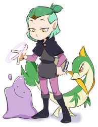 Rule 34 | 1girl, akada, amity blight, book, boots, brown hair, commentary request, creatures (company), crossover, ditto, earrings, game freak, gen 1 pokemon, gen 5 pokemon, green hair, streaked hair, jewelry, magic, multicolored hair, nintendo, pantyhose, pointy ears, pokemon, pokemon (creature), servine, short ponytail, the owl house, two-tone hair, yellow eyes
