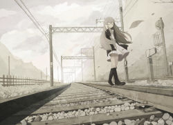 Rule 34 | 1girl, 456, black footwear, boots, coat, dress, closed eyes, fence, grey hair, grey theme, greyscale, hand in own hair, leaf, long hair, monochrome, original, outdoors, power lines, railroad tracks, solo, very long hair, walking, wooden fence