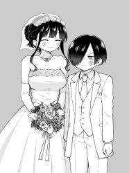 Rule 34 | 1boy, 1girl, arms at sides, bare shoulders, black hair, blush, boku no kokoro no yabai yatsu, bouquet, breasts, dress, earrings, elbow gloves, flower, formal, gloves, grey background, greyscale, hair up, hetero, highres, holding, holding bouquet, ichikawa kyoutarou, jewelry, looking at another, medium breasts, monochrome, necktie, pocket square, short hair, simple background, smile, suit, sweat, sweatdrop, vest, white dress, yamada anna, zeroasann