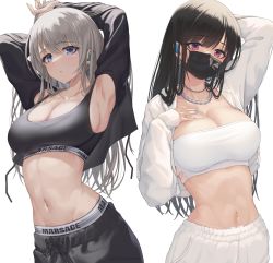 Rule 34 | 2girls, :o, arm behind head, armpits, arms up, bandeau, black hair, black jacket, blue eyes, blue nails, blush, breasts, cleavage, crop top, cropped jacket, earphones, earrings, highres, jacket, jewelry, large breasts, long hair, long sleeves, looking at viewer, makamati, mask, midriff, mouth mask, multiple girls, nail polish, navel, necklace, open clothes, open jacket, original, pink eyes, shorts, simple background, sleeves past wrists, sports bra, strapless, sweat, thighhighs, tube top, white background, white jacket, white shorts