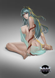 Rule 34 | 1girl, aqua hair, ass, barefoot, blue eyes, breasts, butt crack, feet, gradient background, hands on feet, highres, kww868, large breasts, long hair, looking at viewer, no bra, no panties, original, sideboob, simple background, sitting, snake, soles, solo, toes, wariza