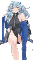 Rule 34 | 1girl, absurdres, black leotard, blue eyes, blue hair, blue thighhighs, breasts, girls&#039; frontline, highleg, highleg leotard, highres, holding, holding clothes, holding leg, holding legwear, impossible clothes, jacket, jacket partially removed, kuroa geha, unworn legwear, leotard, medium breasts, pa-15 (girls&#039; frontline), sideboob, sitting, sleeveless, smirk, thighhighs, twintails, white background