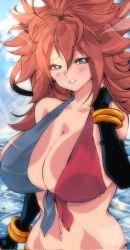 Rule 34 | 1girl, android, android 21, bikini, blue eyes, breasts, brown hair, checkered bikini, checkered clothes, cleavage, curly hair, detached sleeves, dragon ball, dragon ball fighterz, front-tie bikini top, front-tie top, highres, kinakomochi (user vedc2333), large breasts, long hair, looking at viewer, ringlets, standing, swimsuit