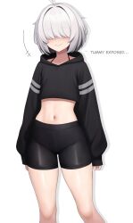 Rule 34 | 1girl, ahoge, arc 9 (mikoscrub), bike shorts, black hoodie, black shorts, blush, closed mouth, covered eyes, cropped hoodie, english text, feet out of frame, grey hair, hair over eyes, highres, hood, hoodie, midriff, mikoscrub, navel, original, short hair, shorts, simple background, sleeves past wrists, solo, stomach, white background