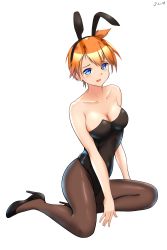 Rule 34 | 1girl, absurdres, animal ears, between legs, black footwear, black hairband, black leotard, black pantyhose, blue eyes, breasts, cleavage, collarbone, creatures (company), fake animal ears, full body, game freak, hair between eyes, hairband, hand between legs, high heels, highres, j.c.14, leotard, medium breasts, misty (pokemon), nintendo, open mouth, orange hair, pantyhose, playboy bunny, pokemon, pokemon (anime), pumps, rabbit ears, shiny clothes, shiny legwear, simple background, sitting, solo, striped clothes, striped leotard, white background