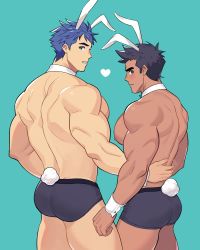 Rule 34 | 2boys, absurdres, animal ears, aqua background, ass, back, bara, black hair, black male underwear, blue eyes, blue hair, blush, bow, bowtie, boxer briefs, closed mouth, dark-skinned male, dark skin, fire emblem, fire emblem: path of radiance, fire emblem: radiant dawn, green eyes, hand on another&#039;s back, highres, ike (fire emblem), large pectorals, leotard, little mac, looking back, male focus, male playboy bunny, male underwear, milkiato, multiple boys, muscular, muscular male, nintendo, nipples, pectorals, playboy bunny, punch-out!!, rabbit ears, rabbit tail, short hair, simple background, tail, thighs, underwear
