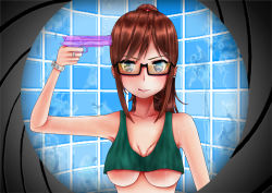 Rule 34 | 1girl, areola slip, bare shoulders, blue eyes, bracelet, breasts, brown hair, cleavage, closed mouth, crop top, crop top overhang, earrings, glasses, hiron, jewelry, long hair, looking at viewer, medium breasts, no bra, original, ponytail, ring, solo, standing, tank top, tiles, tongue, tongue out, underboob, upper body, water gun, wet