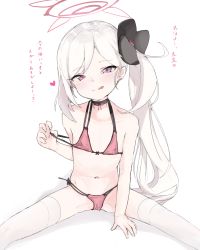 Rule 34 | 1girl, :q, bare arms, bare shoulders, bikini, black choker, black flower, blue archive, blush, choker, closed mouth, commentary request, feet out of frame, female focus, flat chest, flower, hair flower, hair ornament, halo, hand up, heart, highres, looking at viewer, micro bikini, mutsuki (blue archive), navel, pink bikini, pink eyes, ripu (lipi), side ponytail, simple background, sitting, smile, solo, spread legs, swimsuit, thighhighs, tongue, tongue out, translation request, white hair, white thighhighs