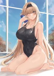 Rule 34 | 1girl, absurdres, aoi 13, arm at side, bare legs, bianca (punishing: gray raven), black one-piece swimsuit, blonde hair, blue sky, blunt bangs, blush, breasts, cleavage, closed mouth, cloud, collarbone, commentary, english commentary, eyes visible through hair, greyscale, hair intakes, hairband, highres, indoors, large breasts, long hair, mole, mole under eye, monochrome, one-piece swimsuit, one eye closed, punishing: gray raven, sidelocks, sitting, sky, swimsuit, very long hair, wariza, wet, wet clothes, wet swimsuit, window
