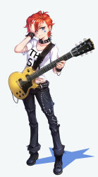 Rule 34 | 10s, 1girl, belt, blue eyes, bracelet, collar, denim, full body, gibson, guitar, highres, idolmaster, idolmaster million live!, instrument, jeans, jewelry, julia (idolmaster), gibson les paul, looking at viewer, pants, red hair, shirt, short hair, smile, solo, spiked collar, spikes, standing, studded belt, t-shirt, todee, tomboy