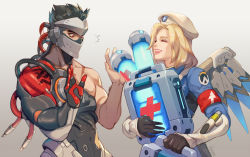 Rule 34 | 1boy, 1girl, :d, ^^^, alternate costume, alternate hairstyle, armband, artist name, bad id, bad pixiv id, beret, biceps, black gloves, black hair, blackwatch genji, blonde hair, blue bodysuit, bodysuit, cable, closed eyes, combat medic ziegler, covered mouth, cyborg, emblem, eyelashes, first aid kit, genji (overwatch), gloves, gradient background, hage2013, hands up, hat, headpiece, highres, holding, lips, logo, long sleeves, looking at another, makeup, mascara, mask, mechanical wings, mercy (overwatch), nose, official alternate costume, open mouth, overwatch, overwatch 1, pink lips, red eyes, sae (revirth), short hair, smile, spiked hair, sweatdrop, teeth, upper body, upper teeth only, vambraces, white hat, wings