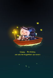 Rule 34 | 1girl, 1other, animal, arknights, black jacket, blush stickers, boat, bug, butterfly, commentary request, doctor (arknights), english text, closed eyes, happy birthday, highres, hood, hood up, hooded jacket, insect, jacket, lantern, lieyan huangzi, long sleeves, open mouth, outstretched arm, pointing, shirt, skadi (arknights), water, watercraft, white shirt