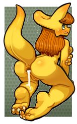 Rule 34 | 1girl, anus, artist request, ass, brown hair, cum, dinosaur, female focus, full body, furry, furry female, green eyes, highres, long hair, pussy, sarikyou, solo, tagme, uncensored, white background
