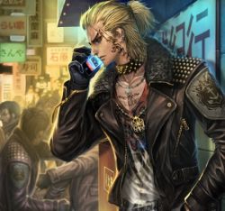 Rule 34 | 3boys, black gloves, blonde hair, blurry, cellphone, depth of field, gloves, jacket, jewelry, leather, leather jacket, lowres, male focus, multiple boys, on the phone, original, pendant, phone, sign, smartphone, upper body, viggo, xaxak