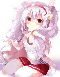 Rule 34 | 1girl, animal ears, azur lane, breasts, camisole, collarbone, commentary request, fuuna thise, hair between eyes, hair ornament, hairband, holding, holding own hair, jacket, laffey (azur lane), long hair, looking at viewer, parted lips, pink jacket, pleated skirt, rabbit ears, red eyes, red hairband, red skirt, silver hair, simple background, sitting, skirt, small breasts, solo, thighhighs, twintails, very long hair, white background, white camisole, white thighhighs, yokozuwari