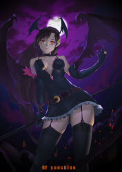 Rule 34 | 1girl, absurdres, alternate costume, animal, artist name, bare shoulders, bat (animal), bat wings, belt, black dress, black gloves, black thighhighs, breasts, choker, cleavage, closed mouth, cloud, contrapposto, cowboy shot, crescent, dress, elbow gloves, fangs, frilled dress, frills, from below, full moon, garter straps, gloves, head wings, highres, holding, holding staff, holding weapon, jewelry, koakuma, looking at viewer, looking down, medium breasts, moon, moonlight, night, night sky, pink lips, polearm, purple sky, red eyes, ring, skindentation, sky, sleeveless, sleeveless dress, solo, staff, standing, sunshine (1638509769), teeth, thighhighs, touhou, weapon, wings, wristband, zettai ryouiki