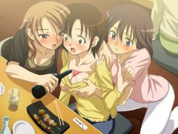 Rule 34 | 3girls, alcohol, between breasts, blush, bottle, grabbing another&#039;s breast, breasts, brown hair, bust cup, cleavage, cup, drinking glass, drunk, female focus, food, grabbing, multiple girls, no bra, sake, sanshita, wine, yuri