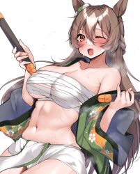 Rule 34 | 1girl, ;d, absurdres, alternate costume, animal ears, bare shoulders, blush, breasts, brown eyes, brown hair, chest sarashi, collarbone, commentary request, commission, fundoshi, green kimono, happi, highres, holding, horse ears, horse girl, japanese clothes, kimono, kshimu, large breasts, looking at viewer, midriff, navel, one eye closed, open mouth, sarashi, satono diamond (umamusume), simple background, skeb commission, smile, solo, sweat, thighs, umamusume, white background