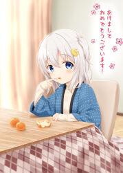 Rule 34 | 1girl, arm on table, blue eyes, blue jacket, blurry, blurry background, blush, curtains, eating, finger to mouth, food, fruit, grey hair, hair between eyes, hanten (clothes), happy new year, highres, indoors, jacket, kotatsu, long sleeves, looking at viewer, mandarin orange, new year, open clothes, open jacket, orange peel, original, satsuki (yutuki ame), sitting, sleeves past wrists, solo, sweater, table, translation request, turtleneck, turtleneck sweater, yellow sweater, yutuki ame
