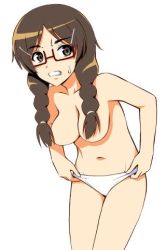 Rule 34 | 1girl, braid, breasts, brown eyes, brown hair, censored, character request, convenient censoring, female focus, glasses, lowres, no bra, panties, simple background, solo, tagme, underwear, undressing, white background
