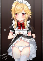 Rule 34 | &gt;:(, 1girl, absurdres, alternate costume, apron, black dress, blonde hair, blush, bow, breasts, cameltoe, center frills, closed mouth, clothes lift, commentary, commission, cowboy shot, dress, dress lift, embarrassed, english commentary, enmaided, eyes visible through hair, frilled apron, frilled cuffs, frilled dress, frills, frown, gluteal fold, groin, hair between eyes, highres, indoors, kin-iro loveriche, lifting own clothes, looking to the side, maid, maid apron, maid headdress, navel, panties, presenting, puffy short sleeves, puffy sleeves, red bow, red eyes, second-party source, shima(kanidess), shiny skin, short dress, short hair with long locks, short sleeves, sidelocks, signature, single hair intake, skeb commission, small breasts, solo, souma ria, spiked hair, standing, thigh gap, thighhighs, thighs, underwear, v-shaped eyebrows, white apron, white panties, white thighhighs, white wrist cuffs, wrist cuffs