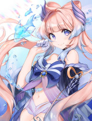 Rule 34 | 1girl, bare shoulders, black choker, blue bow, blush, bow, breasts, choker, colored tips, commentary, detached sleeves, english commentary, fish, floating hair, genshin impact, gloves, highres, long hair, looking at viewer, medium breasts, midriff, multicolored hair, navel, pink hair, purple eyes, purple gloves, purple hair, purple shorts, sangonomiya kokomi, short shorts, shorts, smile, solo, twintails, underwater, very long hair, vinetsu, vision (genshin impact)