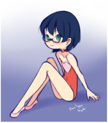 Rule 34 | 1girl, arm support, black hair, blue background, blush, choker, collarbone, drantyno, flat chest, glasses, gradient background, green eyes, heart, heart choker, leotard, looking at viewer, pink footwear, red leotard, shoes, short hair, sitting, valentine