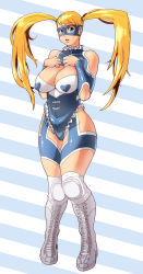 Rule 34 | 1990s (style), 1girl, bare shoulders, blonde hair, blue eyes, boots, breasts, butcherboy, capcom, cleavage, cleavage cutout, clothing cutout, cross-laced footwear, highres, knee boots, knee pads, lace-up boots, large breasts, leotard, long hair, mask, pigeon-toed, rainbow mika, retro artstyle, shoulder cutout, solo, street fighter, street fighter zero (series), striped, striped background, thong leotard, twintails