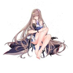 Rule 34 | 1girl, barefoot, blue dress, blue necktie, blush, breasts, coat, collared dress, criin (659503), damaged, dress, full body, girls&#039; frontline, gun, holding, injury, light brown hair, long hair, looking at viewer, mat-49, mat-49 (girls&#039; frontline), multicolored hair, necktie, off shoulder, official art, open clothes, open coat, parted lips, pink eyes, sidelocks, sitting, sleeve cuffs, sleeveless, sleeveless dress, solo, streaked hair, submachine gun, thigh strap, thighs, torn clothes, transparent background, v-shaped eyebrows, very long hair, weapon, wristband