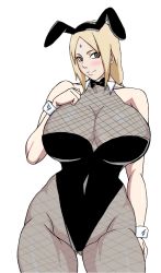 Rule 34 | 1girl, animal ears, bare shoulders, blonde hair, blush, breasts, brown eyes, cleavage, facial mark, fake animal ears, female focus, fishnets, forehead, forehead mark, huge breasts, leotard, lips, naruho, naruto, naruto (series), neck, playboy bunny, rabbit ears, solo, tagme, thighs, tsunade (naruto), white background