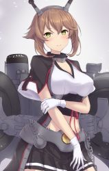 Rule 34 | 1girl, breasts, brown hair, chain, cleavage, closed mouth, cowboy shot, gloves, green eyes, hair between eyes, headgear, highres, kantai collection, large breasts, machinery, miniskirt, monoku, mutsu (kancolle), mutsu kai ni (kancolle), pleated skirt, rigging, short hair, short sleeves, skirt, smile, solo, white gloves, white skirt