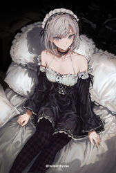 Rule 34 | 1girl, argyle clothes, argyle pantyhose, bare shoulders, bed, black collar, black dress, black pantyhose, closed mouth, collar, commentary, dress, expressionless, feet out of frame, gothic lolita, grey eyes, grey hair, highres, inaeda kei, lolita fashion, long sleeves, looking at viewer, maid, maid headdress, off-shoulder dress, off shoulder, on bed, original, pantyhose, pillow, revision, short hair, sitting, solo, spaghetti strap, twitter username