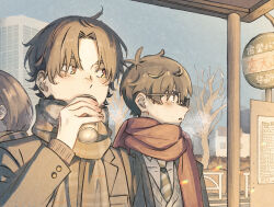 Rule 34 | 2boys, bare tree, blazer, blush, breath, brown hair, building, bus stop, can, collared shirt, day, drinking, glasses, grey shirt, highres, holding, holding can, jacket, long sleeves, looking to the side, mi (pic52pic), multiple boys, necktie, original, outdoors, profile, railing, red scarf, scarf, school uniform, shirt, sideways glance, striped necktie, tree, upper body, winter clothes