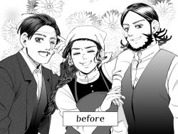 Rule 34 | 1girl, 2boys, ;d, ^ ^, apron, beard, braid, business suit, buttons, closed eyes, collared shirt, commentary, earrings, elbow on another&#039;s shoulder, elbow rest, english text, closed eyes, facial hair, floral background, flower request, formal, golden kamuy, greyscale, hair slicked back, head scarf, ideshitsuki, jewelry, kiroranke, long hair, long sleeves, monochrome, multiple boys, mustache, one eye closed, open mouth, russian clothes, scar, scar on face, shirt, sideburns, sidelocks, single braid, smile, sofia (golden kamuy), spoilers, suit, thick eyebrows, upper body, wilk (golden kamuy)