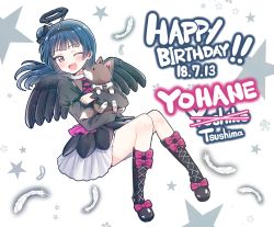 Rule 34 | 1girl, anko (love live! sunshine!!), birthday, black dress, black footwear, black wings, blue hair, character name, dated, deadnooodles, dog, dress, english text, fake halo, fang, feathers, hair bun, halo, happy birthday, highres, holding, long hair, long sleeves, love live!, love live! school idol festival, love live! sunshine!!, one eye closed, pink eyes, puppy, side bun, single hair bun, single side bun, star (symbol), tongue, tongue out, tsushima yoshiko, white feathers, wings