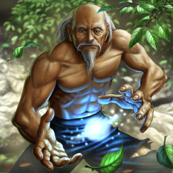Rule 34 | 1boy, bald, bare shoulders, beard, energy ball, facial hair, leaf, magic, male focus, manly, matataku, muscular, mustache, nature, old, old man, original, solo, torn clothes, wrinkled skin