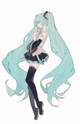 Rule 34 | 1girl, aqua belt, aqua hair, aqua nails, aqua necktie, belt, black footwear, black sleeves, boots, chinese commentary, closed mouth, collared shirt, commentary request, detached sleeves, closed eyes, full body, hatsune miku, highres, jiao shenme ming hao ne, long hair, miniskirt, nail polish, necktie, own hands together, pleated skirt, shirt, skirt, smile, solo, thigh boots, tie clip, twintails, very long hair, vocaloid, white shirt