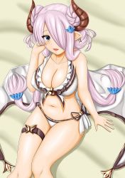 Rule 34 | 10s, 1girl, :d, abukobato, bare shoulders, bikini, blue eyes, blush, breasts, cleavage, collarbone, covered erect nipples, double bun, draph, earrings, from above, granblue fantasy, groin, hair ornament, hair over one eye, highres, horns, jewelry, large breasts, light purple hair, long hair, looking at viewer, looking up, low twintails, narmaya (granblue fantasy), narmaya (summer) (granblue fantasy), navel, open mouth, pointy ears, sarong, sitting, smile, solo, stomach, swimsuit, thigh strap, twintails, very long hair, white bikini