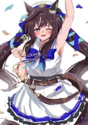 Rule 34 | 1girl, absurdres, anchor necklace, animal ears, arm up, armpits, bare shoulders, belt, blue eyes, blush, brown belt, commentary request, confetti, cowboy shot, ear covers, hair between eyes, highres, horse ears, horse girl, horse tail, jewelry, long hair, mare ma, multicolored hair, necklace, one eye closed, open mouth, petticoat, shirt, simple background, single ear cover, skirt, sleeveless, sleeveless shirt, smile, solo, streaked hair, tail, twintails, umamusume, very long hair, vivlos (umamusume), white background, white hair, white shirt, white skirt