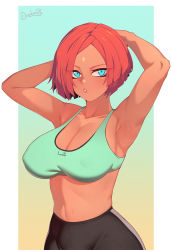 Rule 34 | 1girl, :o, aqua eyes, armpits, arms behind head, arms up, bare arms, black pants, blue eyes, blush, breasts, cleavage, clothes writing, commentary, darahan, dark-skinned female, dark skin, english commentary, giovanna (guilty gear), gradient background, groin, guilty gear, guilty gear strive, large breasts, lipstick, looking at viewer, makeup, midriff, pants, red hair, short hair, signature, solo, sports bra, tight clothes, tight pants, toned, upper body, yoga pants