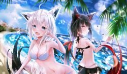 Rule 34 | 2girls, absurdres, ahoge, animal ear fluff, animal ears, beach, bikini, black bikini, black bow, black hair, blurry, blurry background, blush, bow, braid, breasts, cleavage, cloud, cloudy sky, commentary request, earrings, exrazeaednh, fang, fox ears, fox girl, fox shadow puppet, fox tail, green eyes, hair between eyes, hair bow, highres, hololive, jewelry, kurokami fubuki, long hair, looking at viewer, medium breasts, multicolored hair, multiple girls, navel, ocean, open mouth, outdoors, palm tree, pentagram, red bow, red eyes, red hair, shirakami fubuki, sidelocks, single braid, sky, streaked hair, swimsuit, tail, tree, virtual youtuber, white bikini, white hair