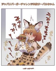 Rule 34 | 1girl, animal ears, black hair, blonde hair, blush, bow, bowtie, burger, cheese, eating, elbow gloves, extra ears, food, gloves, high-waist skirt, highres, holding, holding food, kemono friends, ketchup, lettuce, nyororiso (muyaa), open mouth, print bow, print bowtie, print gloves, print skirt, serval (kemono friends), serval print, shirt, short hair, skirt, sleeveless, sleeveless shirt, striped tail, tail, tomato, tomato slice