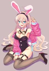 Rule 34 | 1girl, alternate costume, animal ears, bare shoulders, between legs, black footwear, black leotard, blonde hair, blue eyes, blush, breasts, brown thighhighs, character name, cleavage, collarbone, commentary request, danganronpa (series), danganronpa v3: killing harmony, detached collar, fake animal ears, fake tail, full body, goggles, goggles around neck, grey background, groin, hand between legs, hand up, high heels, highres, iruma miu, jacket, lace-trimmed leotard, lace trim, large breasts, leotard, long hair, long sleeves, looking at viewer, misumi (71 fq), open clothes, open jacket, open mouth, over-kneehighs, pink jacket, playboy bunny, rabbit ears, rabbit tail, shoes, sitting, solo, sweatdrop, tail, thighhighs, wariza