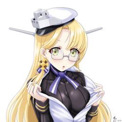 Rule 34 | 1girl, black sweater, blonde hair, blue ribbon, breasts, commentary request, glasses, hat, kantai collection, large breasts, long hair, looking at viewer, military, military uniform, neck ribbon, northampton (kancolle), open clothes, peaked cap, ribbed sweater, ribbon, simple background, solo, sweater, tk8d32, uniform, upper body, white background, white hat, yellow eyes