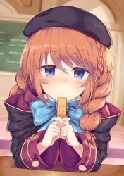 Rule 34 | 1girl, beret, biscuit, black hat, blue eyes, blue ribbon, blurry, blurry background, blush, braid, brown hair, chalkboard, food, hat, highres, hood, hooded coat, long hair, looking at viewer, portrait, princess connect!, ribbon, solo, table, twin braids, yamato (muchuu paradigm), yuni (princess connect!)