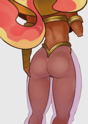 Rule 34 | 1990s (style), 1girl, armlet, ass, back, dark-skinned female, dark skin, from behind, harem pants, head out of frame, kneepits, long hair, midriff, no panties, pants, power stone, red hair, retro artstyle, rouge (power stone), see-through, solo, splashbrush