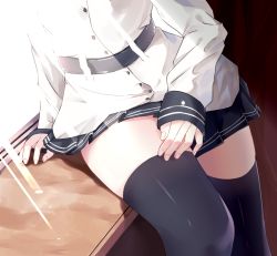 Rule 34 | 10s, 1girl, arm at side, bad id, bad pixiv id, belt, black skirt, black thighhighs, buttons, hamaru (s5625t), hand on own thigh, hibiki (kancolle), indoors, kantai collection, leaning to the side, long sleeves, miniskirt, out of frame, pleated skirt, sitting, skirt, solo, sunlight, thighhighs, verniy (kancolle), window, zettai ryouiki