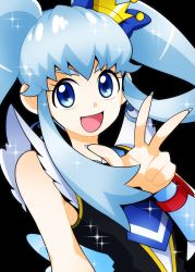 Rule 34 | 10s, 1girl, :d, bad id, bad pixiv id, black background, blue bow, blue hair, blue necktie, bow, crown, cure princess, earrings, hair bow, happinesscharge precure!, jewelry, long hair, looking at viewer, magical girl, mini crown, necktie, open mouth, precure, senmu (0107), shirayuki hime, sidelocks, smile, solo, sparkle, twintails, upper body, v
