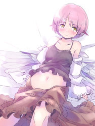 Rule 34 | 1girl, animal ears, bird ears, bird wings, blush, brown skirt, closed mouth, collarbone, feet out of frame, fingernails, frilled skirt, frilled sleeves, frills, long sleeves, mystia lorelei, navel, pink hair, rangycrow, short hair, skirt, solo, touhou, white wings, wings, yellow eyes